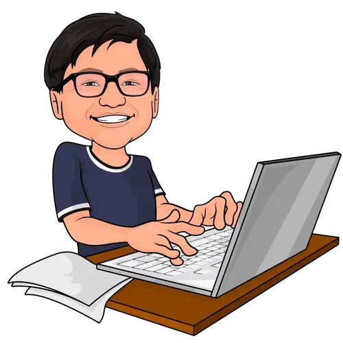 Illustrated caricature of Harry Ermawan typing on a MacBook
