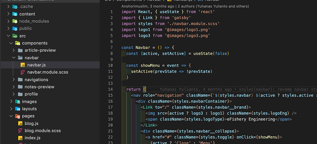 Code editor showing a React navbar component from the eFishery Engineering Blog