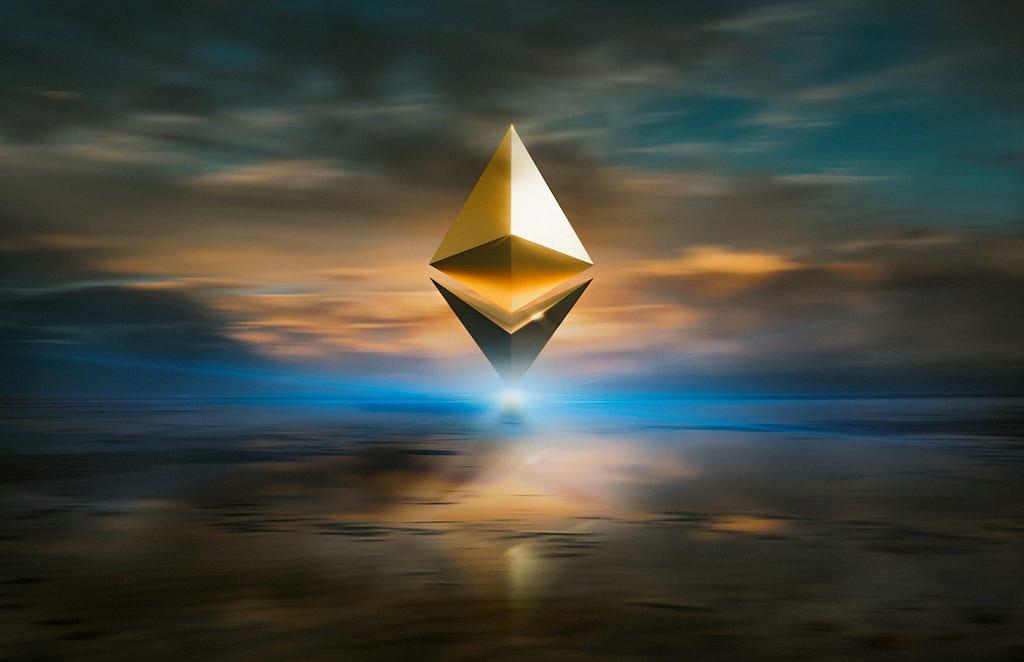 Golden Ethereum logo floating above water