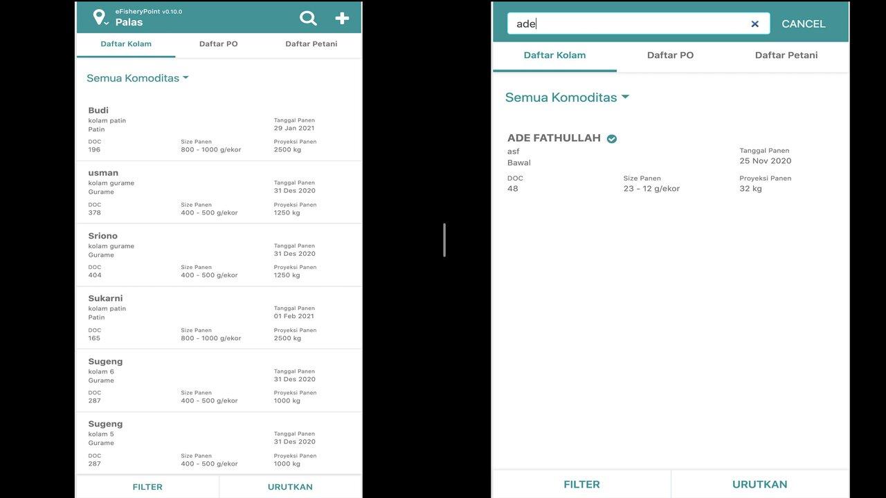 Two screens of the eFishery fish cultivation mobile website listing commodities