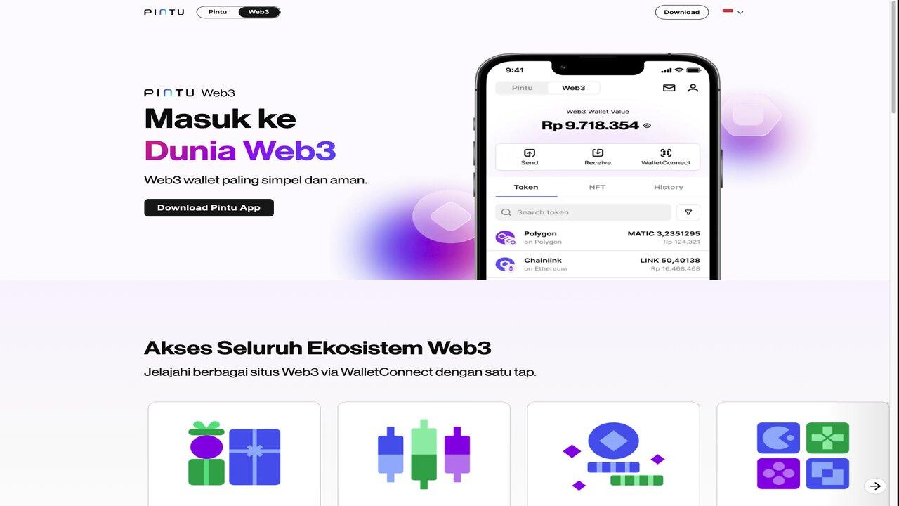 Pintu Web3 Wallet landing page with the wallet app on a phone